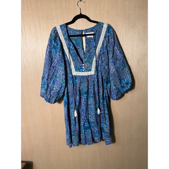 Anthropologie Paisley Print Mini‎ Jumpsuit Blue White Lace Trim Boho Chic - Picture 1 of 7